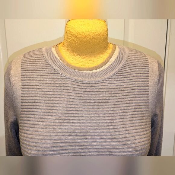 Hilary Radley L Tan Rib Knit Cotton Blend Faux Dress Shirt Bottom Sweater - Picture 7 of 8